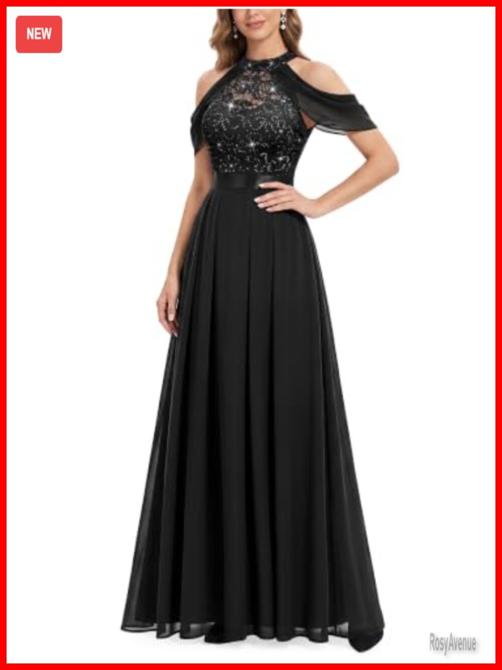 Lace Sequin Contrast Chiffon Halter Maxi Bridesmaid Dress Formal Gown